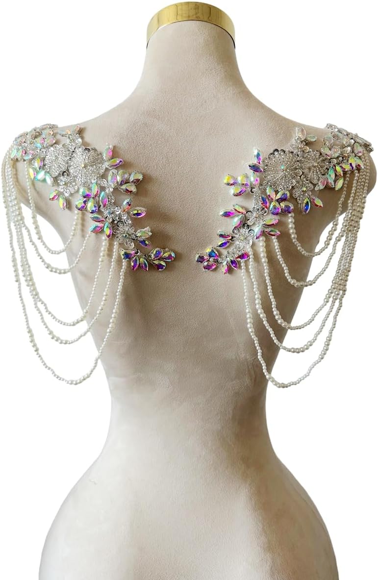 wtbvn 1 Pair Beaded Rhinestones Applique Embellishment for Clothes Epaulettes Shoulder Patches Sew-on Diamond Sequin Tassels Applique for Wedding Dress DIY Accessories 9.8X10.2inches (Clear AB) - Image 1